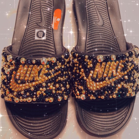 Not for Sale Black and Gold Custom Made Bedazzled Nike Slides Custom - Picture 1 of 3
